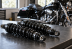 Two generic black motorcycle coilover shocks on a workshop bench with a blurred touring motorcycle behind them