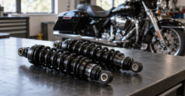 Two generic black motorcycle coilover shocks on a workshop bench with a blurred touring motorcycle behind them