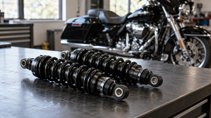 Two generic black motorcycle coilover shocks on a workshop bench with a blurred touring motorcycle behind them