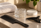 An open unbranded jar of clear styling gel beside a black comb, sectioning clips and a folded towel