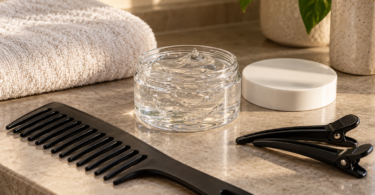 An open unbranded jar of clear styling gel beside a black comb, sectioning clips and a folded towel