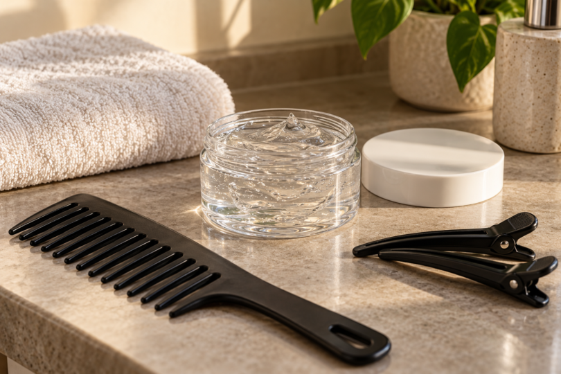 An open unbranded jar of clear styling gel beside a black comb, sectioning clips and a folded towel