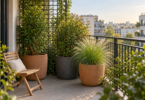 Large floor planters with leafy shrubs and ornamental grass beside a balcony trellis and wooden chair