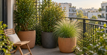 Large floor planters with leafy shrubs and ornamental grass beside a balcony trellis and wooden chair