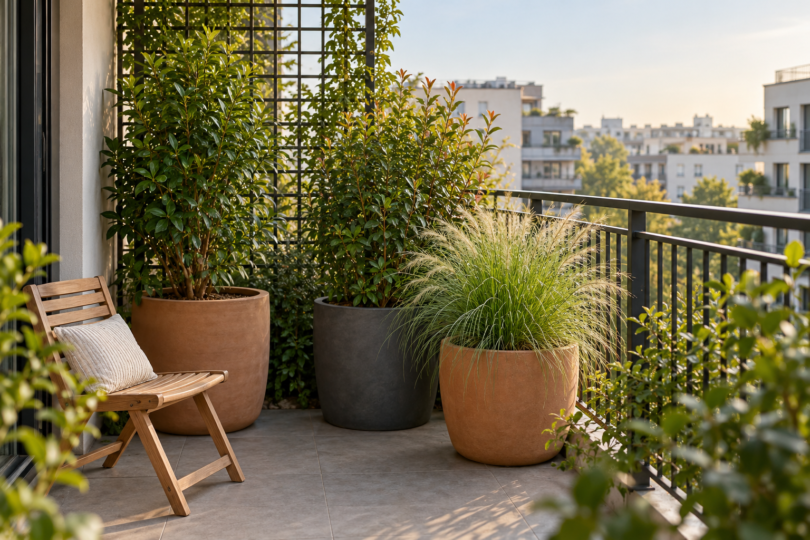 Large floor planters with leafy shrubs and ornamental grass beside a balcony trellis and wooden chair