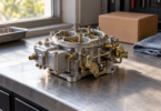 An unbranded detached four-barrel carburetor on a steel workbench beside a plain box and folded shop cloth.