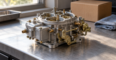An unbranded detached four-barrel carburetor on a steel workbench beside a plain box and folded shop cloth.