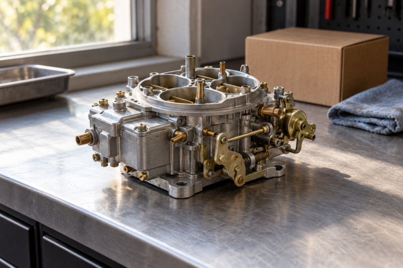 An unbranded detached four-barrel carburetor on a steel workbench beside a plain box and folded shop cloth.