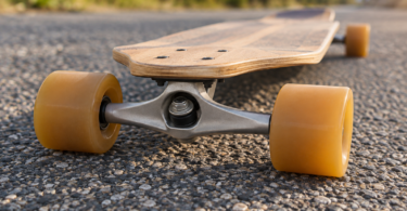 Close-up of amber wheels and a metal truck beneath a wooden longboard resting on coarse asphalt.