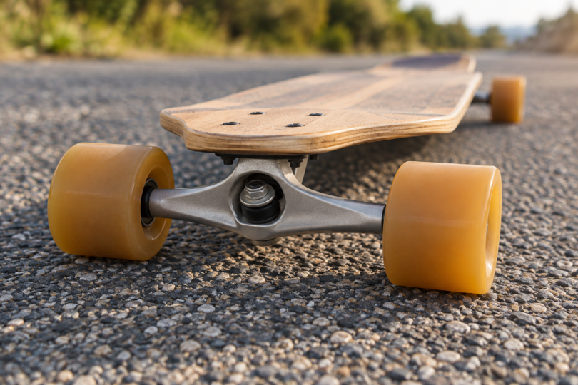 Close-up of amber wheels and a metal truck beneath a wooden longboard resting on coarse asphalt.