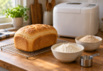 A baked loaf on a cooling rack beside bowls of white and brown flour and an unbranded bread machine