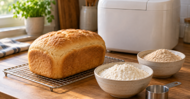 A baked loaf on a cooling rack beside bowls of white and brown flour and an unbranded bread machine