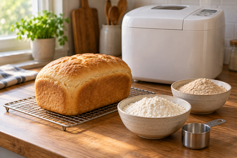 A baked loaf on a cooling rack beside bowls of white and brown flour and an unbranded bread machine