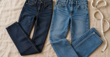 Two pairs of unbranded blue jeans laid on beige fabric beside a measuring tape