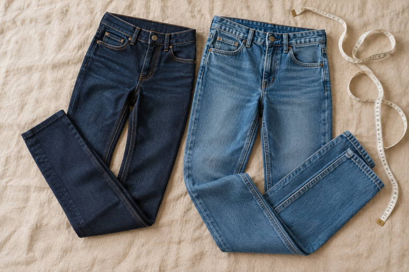 Two pairs of unbranded blue jeans laid on beige fabric beside a measuring tape