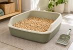 Unbranded open litter tray filled with tan wood pellets beside a scoop on a neutral floor mat