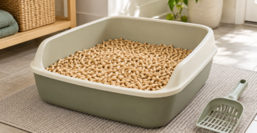 Unbranded open litter tray filled with tan wood pellets beside a scoop on a neutral floor mat