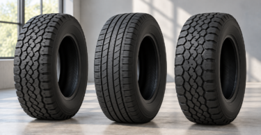 Three unbranded black tires with different tread patterns standing on a light gray floor