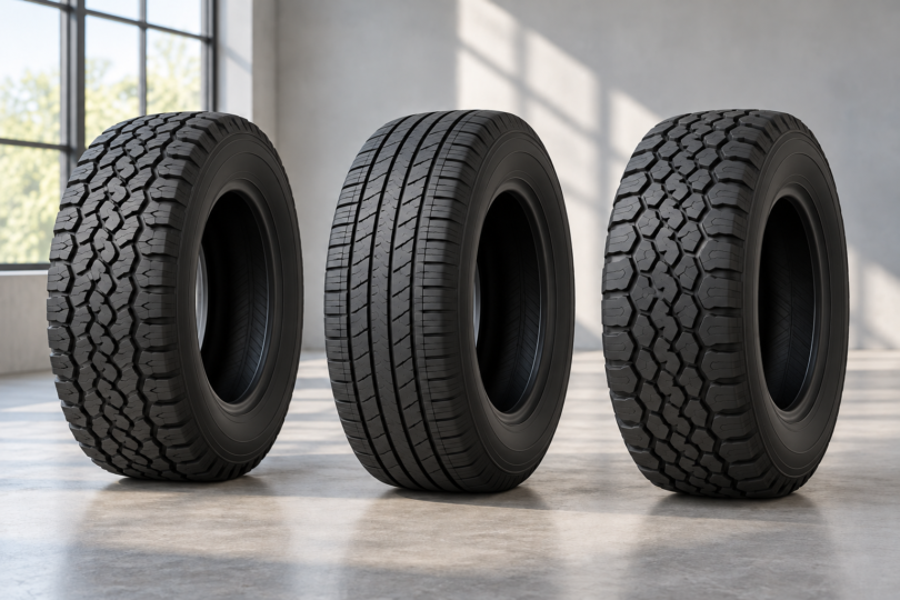 Three unbranded black tires with different tread patterns standing on a light gray floor