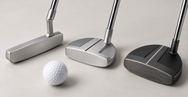 Three unbranded silver and charcoal golf putters with different head shapes beside a white golf ball on a neutral studio surface