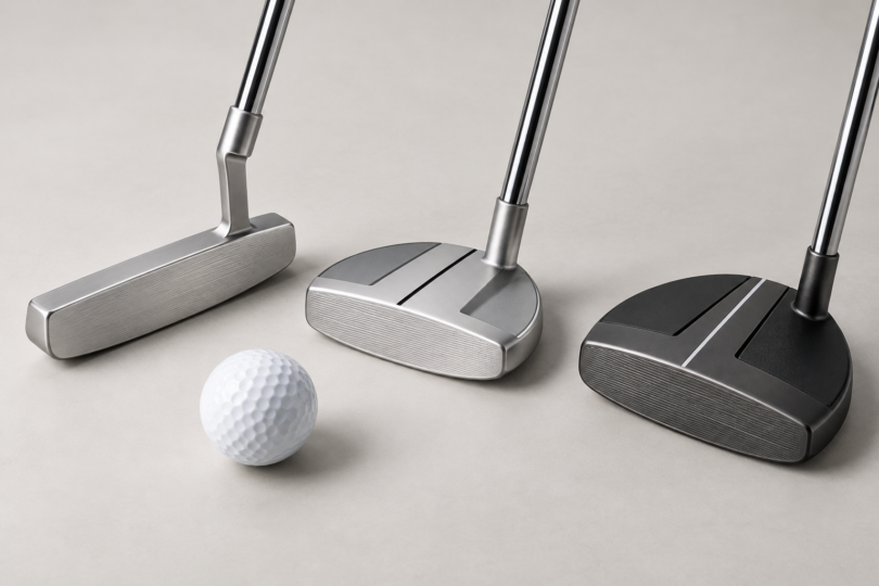 Three unbranded silver and charcoal golf putters with different head shapes beside a white golf ball on a neutral studio surface