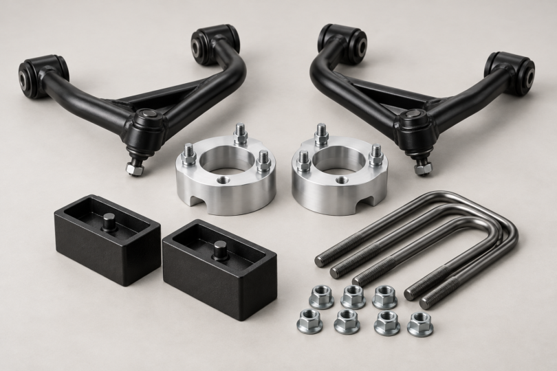 Generic unbranded suspension components, including control arms, strut spacers, rear blocks, U-bolts and nuts, on a neutral background
