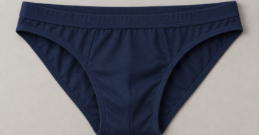 Unworn plain navy men’s bikini brief laid flat on a light gray surface