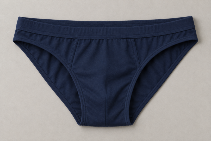 Unworn plain navy men’s bikini brief laid flat on a light gray surface