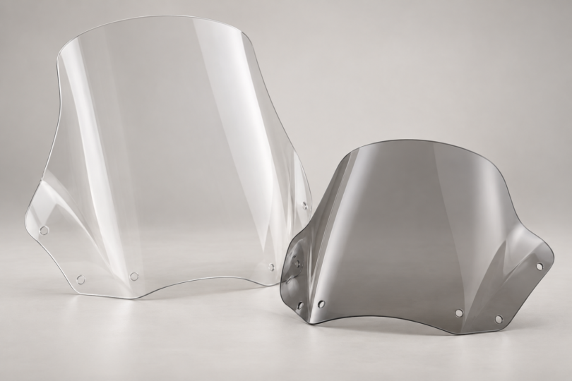 Two unbranded touring motorcycle windshields, one tall and clear and one shorter with a light gray tint, on a neutral studio background