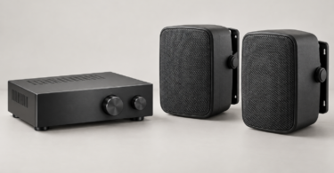 Unbranded black stereo amplifier beside two passive speakers with mounting brackets on a neutral studio background
