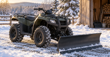 Generic unbranded utility ATV parked with a lowered snow plow on snowy gravel beside a wooden shed