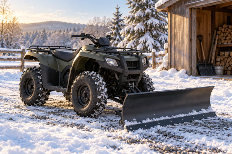 Generic unbranded utility ATV parked with a lowered snow plow on snowy gravel beside a wooden shed