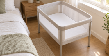 Empty mesh-sided bassinet with an upright enclosed rim and flat white fitted sheet, standing separately beside an adult bed