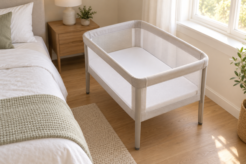 Empty mesh-sided bassinet with an upright enclosed rim and flat white fitted sheet, standing separately beside an adult bed