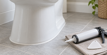 White toilet base on gray tile with an unbranded caulk gun and finishing tool on a folded cloth