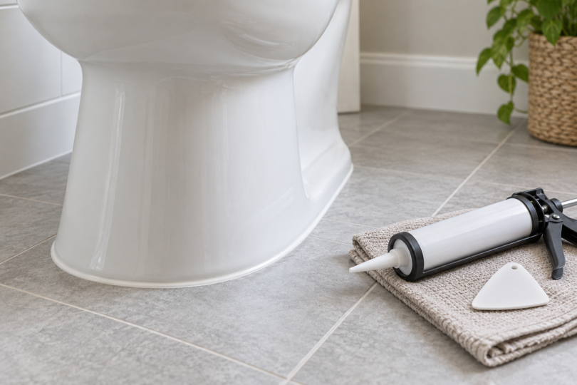 White toilet base on gray tile with an unbranded caulk gun and finishing tool on a folded cloth