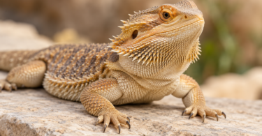 Tan bearded dragon resting on a pale stone ledge with a softly blurred background