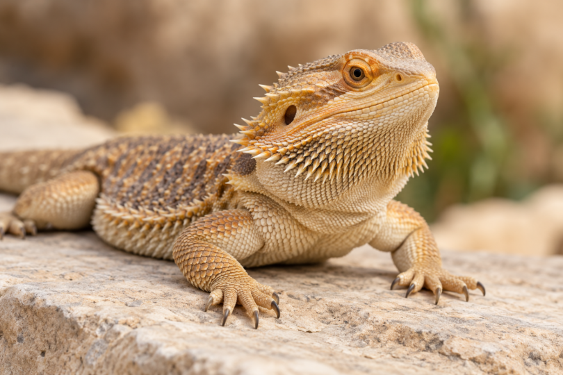 Tan bearded dragon resting on a pale stone ledge with a softly blurred background
