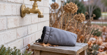 Unconnected brass outdoor faucet on a pale brick wall above a gray insulated pouch resting on a wooden stool