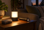 Generic LED lantern glowing beside a handheld flashlight and closed battery case in a dim living room