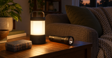 Generic LED lantern glowing beside a handheld flashlight and closed battery case in a dim living room