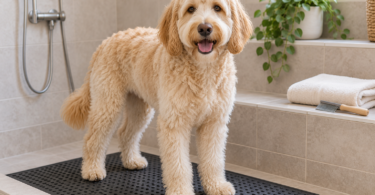 Cream-colored Labradoodle standing on a black non-slip mat in a tiled wash area beside towels and a grooming comb
