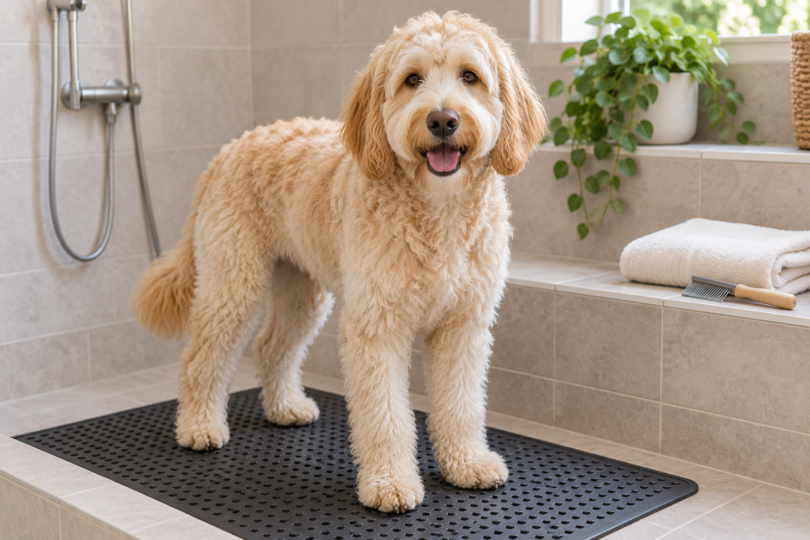 Cream-colored Labradoodle standing on a black non-slip mat in a tiled wash area beside towels and a grooming comb