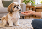 Tan-and-white Shih Tzu sitting on a rug beside a hand holding a small plain dog treat