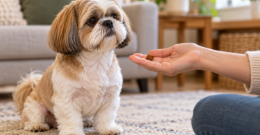 Tan-and-white Shih Tzu sitting on a rug beside a hand holding a small plain dog treat