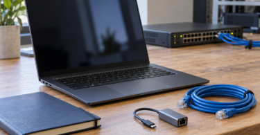 Generic laptop with a dark screen beside an Ethernet cable, USB-C Ethernet adapter and closed notebook