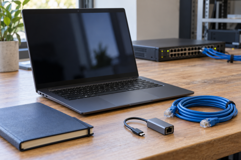 Generic laptop with a dark screen beside an Ethernet cable, USB-C Ethernet adapter and closed notebook