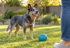 Blue heeler standing on grass beside a teal ball, looking toward a nearby person