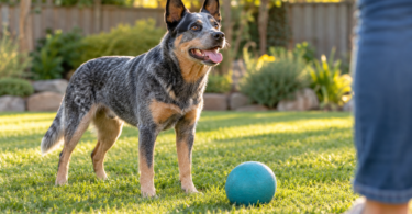 Blue heeler standing on grass beside a teal ball, looking toward a nearby person