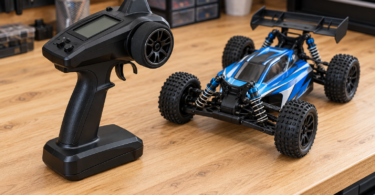Black pistol-grip radio transmitter beside a blue RC off-road buggy on a wooden hobby workbench